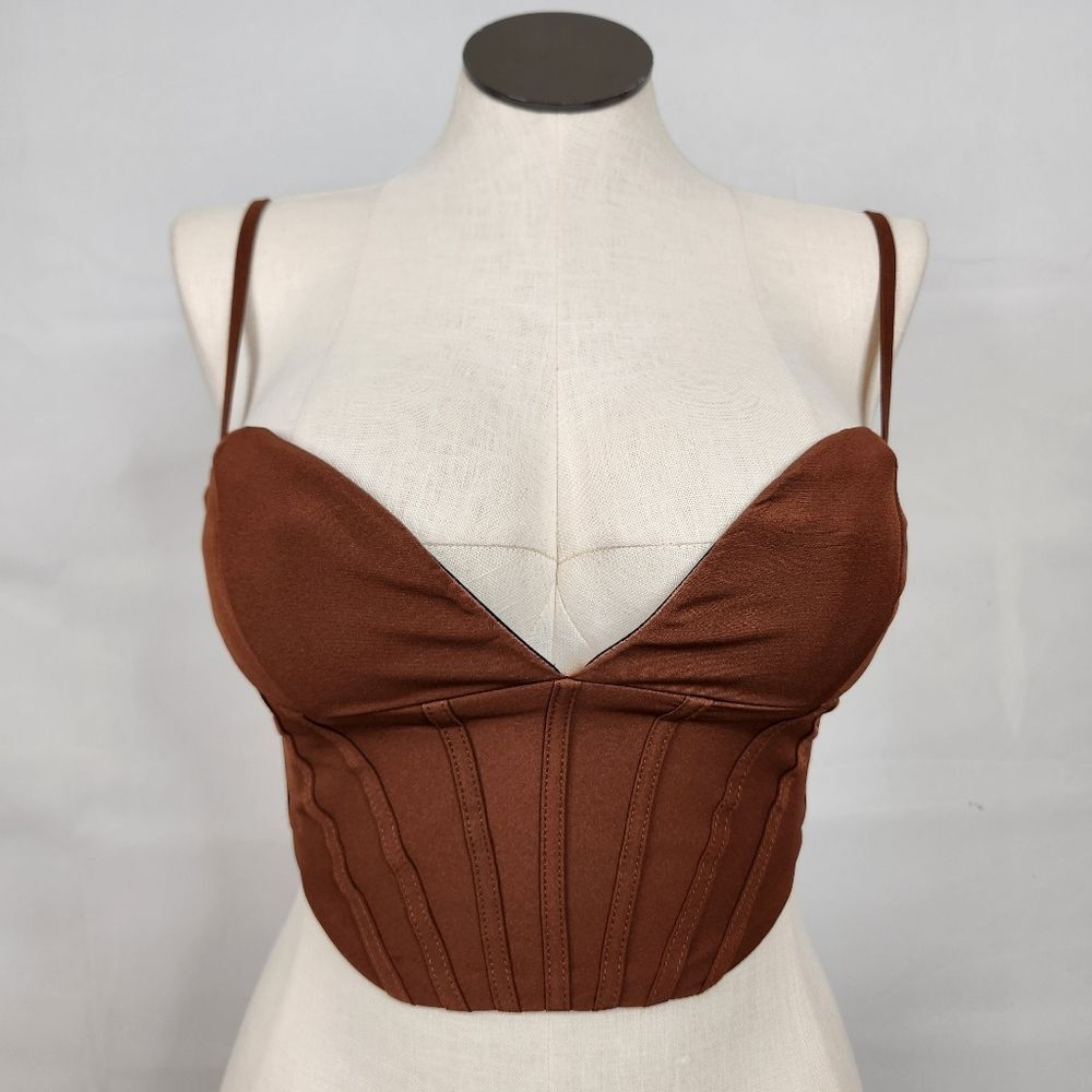 White Fox Faux Leather Corset Top Brown Bustier Cropped Clubwear Y2K M